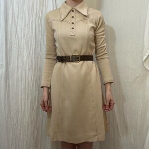 Tan long sleeved brown belted‎ dress brown stitch detailing vintage s